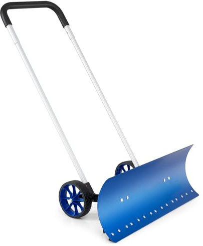 GOPLUS Schneeschaufel auf Rädern, Schneeschieber aus Aluminium mit verstellbarem U-förmigem Griff, 95x25 cm Schneeschild abgewinkelt, Schneeräumer für Gehwege, Komfortables SchneeräumenS