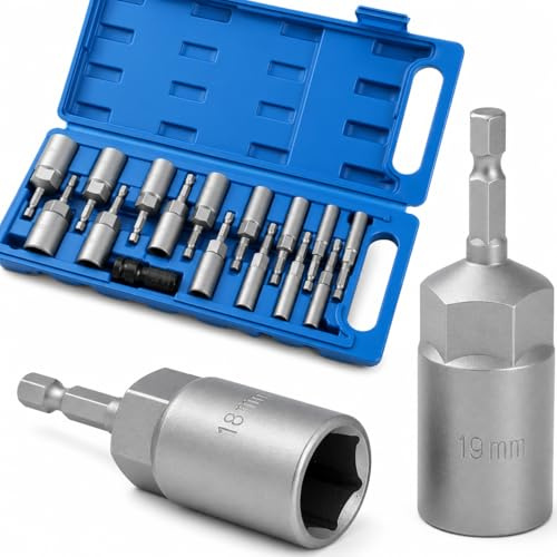 KATSU Tools Jeu de 16 Douilles Longues pour Écrous, Tailles Métriques 5.5-19mm, Queue Hexagonale 1/4, Magnétiques, pour Perceuse et Visseuse Électrique, 80mm de Longueur