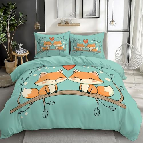 Set Copripiumino 150 x 220 cm, Stampa Volpe dei Cartoni Animati a Forma di Cuore con Chiusura a Cerniera per Ragazze, Ragazzi e Adolescenti, Copripiumino con Volpe dei Cartoni Animati + 2 Federe