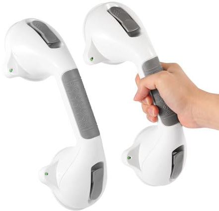 TONORA Suction Grab Bar with Safety Indicator for Bathtub Shower Bathroom, Heavy Duty Handrail Removable Reusable for Elderly Disabled and Kids, Anti-Slip Grip, No Drilling Tool Free, Waterproof Grey