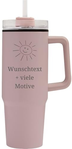 Geschenkissimo Personalisierbarer Partybecher mit Henkel, Deckel, Strohhalm - Farbe Rosa, 900 ml groß - XXL Trinkbecher To-Go in Pink Henkelbecher mit Gravur Name, Spruch, Motiv Geschenkidee
