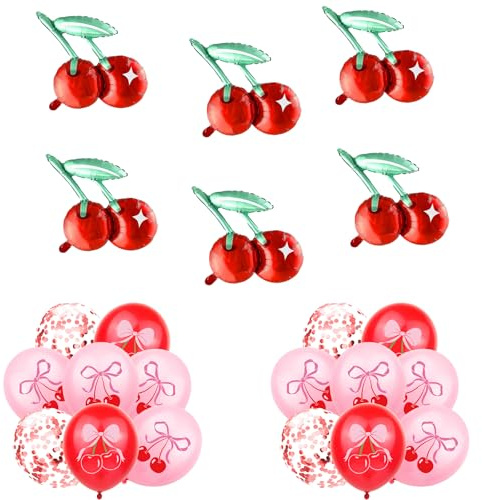 Wasise Globos de cereza: 22 decoraciones de cumpleaños de cereza, 6 globos grandes de aluminio y 16 globos redondos impresos, decoraciones de cumpleaños vibrantes, decoración de fiesta roja