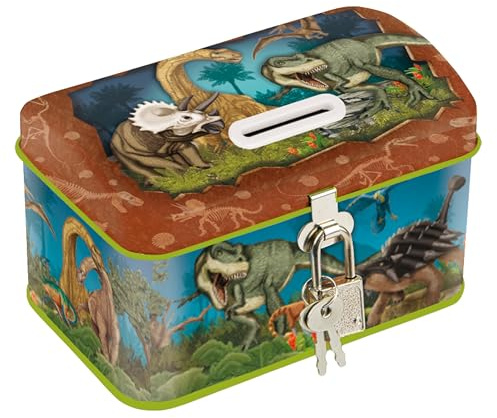 TapirElla Kinder Spardose Metall mit Schloss, Dinosaurier, T-Rex, Urzeit, Dino, Sparbüchse, Geschenkidee für Mädchen und Jungen vom Lutz Mauder Verlag, Sparschwein