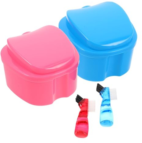 FRCOLOR Brosse à Dents Pour Prothèses Dentaires Étui 2 Pièces, Boîte Pomme Bleu Clair Avec Brosse Bleue Et Rose, Nettoyage Portable, Bain Étanche Pour Soins Bucco-dentaires En Voyage Domicile