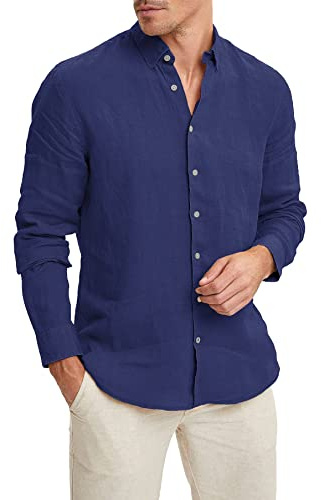 Evoga Camicia in Lino Uomo Sartoriale Casual Elegante Primavera Estate Fresca (IT, Testo, XXL, Regular, Regular, Blu Scuro)
