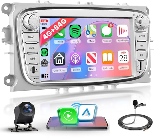 4G+64G Wireless Carplay Android Autoradio für Ford Focus II mk2 Mondeo S-Max C-Max Galaxy 7 Zoll Autoradio mit Android Auto Navi GPS WiFi Mirror Link Bluetooth FM/RDS/32 EQ/USB/SWC Rückfahrkamera