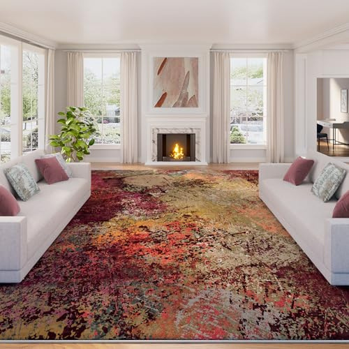 Arbosofe Modern Abstract Rug for Living Room, 6'x9' Washable Area Rug with Non-Slip Backing & Short Pile, Large Carpet with Abstract Pattern for Living Room Bedroom and Dining Floor Carpet Red Orange