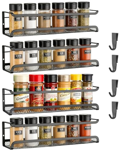 BEZORR Gewürzregal Wand Ohne Bohren aus Metall, 4 Pack Gewürz Organizer mit beweglichen 4 Haken, Gewürzregal Hängend mit kleben und Schrauben für Küchen Wand & Schranktür