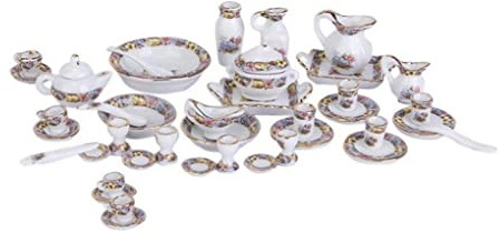 Gcroet Juego de té en Miniatura, Mini Tetera de Porcelana, Tazas de té, Platos, Kit de Platos, Accesorios para casa de muñecas, 40 Uds..