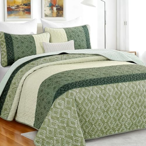 RWFMO Sage Green Striped Quilted Bedspread Set King Size, Lightweight Quilt with 2 Matching Pillowcases, Soft All-Season Bedding Set, 220 x 240cm