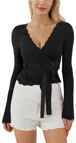 GMGQJST Scaldacuore Danza Bambina Top Avvolgente da Danza Classica con Lacci Incrociati for Donna, Maniche Lunghe con Bordi in Pizzo, Scollo a V, vestibilità Slim, con Lacci Anteriori(Black,S)