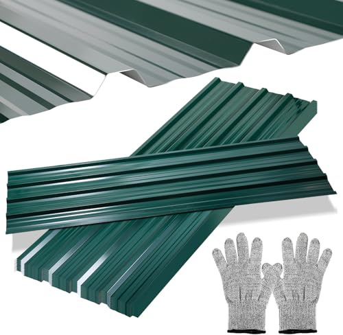 ISOISL Lot de 24 plaques trapézoïdales - 129 x 46 cm = 14 m² - En tôle profilée - Galvanisée - Pour toit, abri de voiture, toit, plaques de toit avec gants de montage - Vert