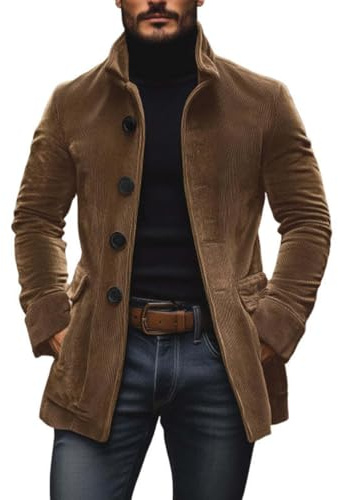 AnLingOu Cappotto Blazer Uomo In Velluto a Costine Vintage Con Collo Alla Coreana, Chiusura a Bottoni e Tasche Multiple, Giacca Casual XL