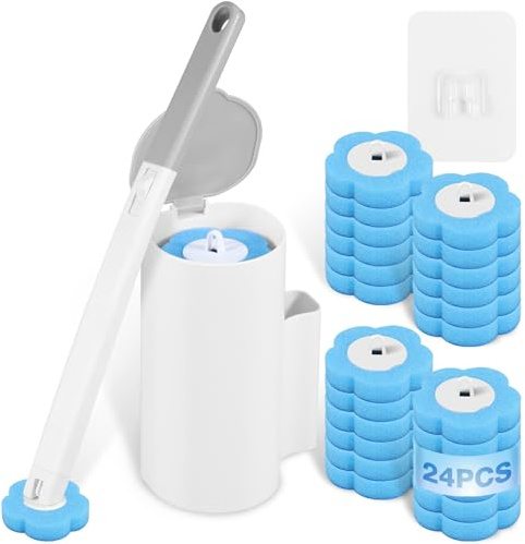 BOBASH Scopino WC Usa e Getta con 24 Ricariche Detergenti, Set Spazzola per Pulizia Bagno Profonda a 360° con Supporto e Manico Lungo Ergonomico, per Bagno, Lavandino e Pavimenti
