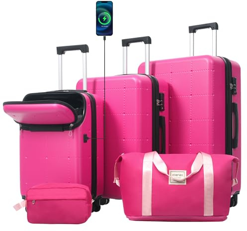 Merax Hard shell Luggage Sets 5 Piece with Half opening, Expandable suitcase with Double Spinner Wheels, Lightweight Travel Luggage,USB Port,TSA Lock,20 24 28(Pink)
