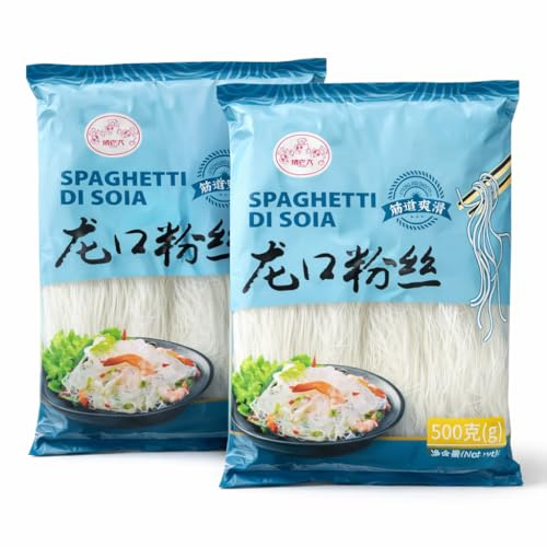 Spaghetti di Soia 1 kg (2 x 500 g) Vermicelli Trasparenti Asiatici per Wok, Zuppe e Insalate – Noodles di Soia Senza Glutine Ideali per Cucina Orientale – Cottura Rapida
