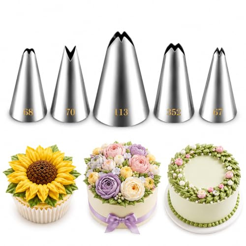 Timkumon 5 Pcs Leaf Piping Tips Set, 67, 68, 70, 352, 113, Stainless Steel Cake Decorating Tips, Frosting Icing Nozzles for Cupcakes, Cakes, Cookies