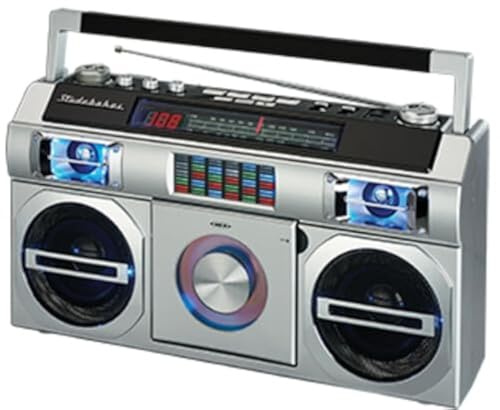 Studebaker SB2149S Master Blaster Bluetooth Boombox con 3 vías de alimentación, radio AM/FM, puerto USB, reproductor de CD con reproducción de MP3, ecualizador LED y potencia RMS de 10 vatios en plata