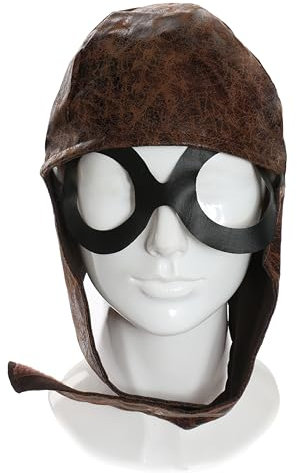 Fliegermütze für Erwachsene, VE Day, braun, 1940er-Jahre, Lederoptik, Fliegermütze mit befestigter Brille, Pilotenkostüm-Zubehör, 1 Stück