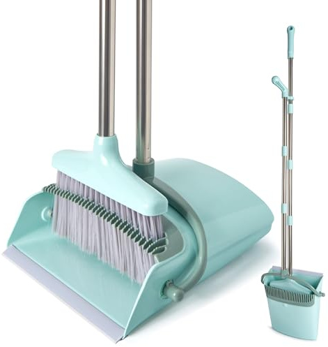 XXXFLOWER Broom and Dustpan Set with Cleaning Teeth, 55 Long Handle Indoor Sweeping Combo for Home Office Kitchen, Bluish Green