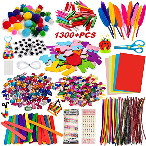 Bastelset Kinder, 1300+PCS DIY Basteln Bastelkoffer, Bastelzubehör Bastelmaterial Scrapbooking, Pfeifenreiniger, Pompons, Federn, Perlen, Wackelaugen, Pailletten Bastelbedarf für Kleinkinder