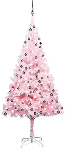 vidaXL Künstlicher Weihnachtsbaum mit LEDs Kugeln Christbaum Tannenbaum Kunstbaum Dekobaum Weihnachten Dekoration Weihnachtsdeko Rosa 210cm PVC