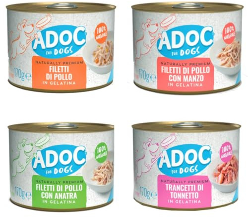 ADoC Dog Cibo Umido per Cani MIX 4 - Trancetti di Tonnetto, Filetti di Pollo, Anatra e Manzo - 24 Lattine da 170gr