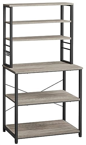 VASAGLE Küchenregal, Standregal, Mikrowellen-Regal, stehend, 6 Ablagen, 6 Haken, Stahlrahmen, Industrie-Design, 40 x 80 x 167 cm, greige meliert-tintenschwarz KKS019B02