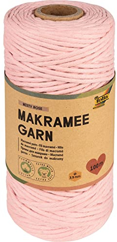 folia 24994 – makramégarn, Misty Rose, 100% bomull, 100 m vridet garn i gammelrosa, diameter 3,5 mm, för pyssel och knytning