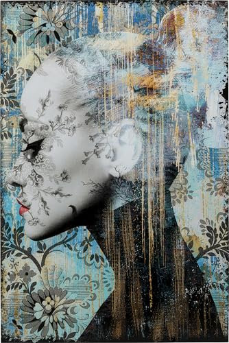 Kare Design Glasbild Lady Flower, Blau, Schwarz, 150x100cm (H/B), Rahmenlos, Wandbild, Fotografie, Portrait, Printkunst, Sicherheitsglas, Wohnzimmer, Schlafzimmer, Flur