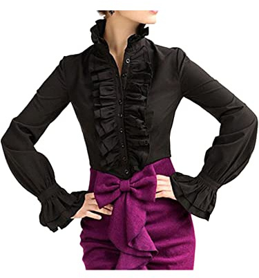 Niusricy Blusa vintage de cuello alto con volantes para mujer, estilo victoriano, para oficina, boda, color negro, talla XXL