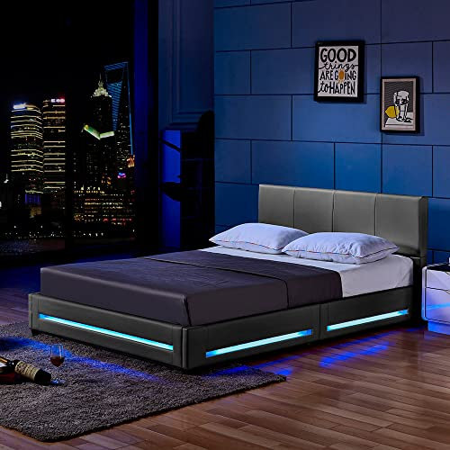 Home Deluxe - LED Bett Asteroid - Dunkelgrau, 140 x 200 cm - Inkl. Lattenrost I Polsterbett Design Bett inkl. Beleuchtung