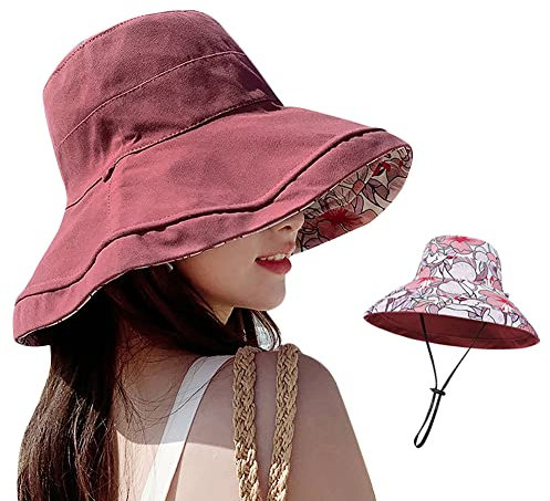 Sonnenhut Damen Breite Krempe Fischerhut Baumwolle Atmungsaktive Sonnenmütze Doppelseitiger Sommerhut mit Schnur Anti-UV Sonnenschutz Strandhut Einfarbige Fischerkappe für Outdoor Urlaub Camping