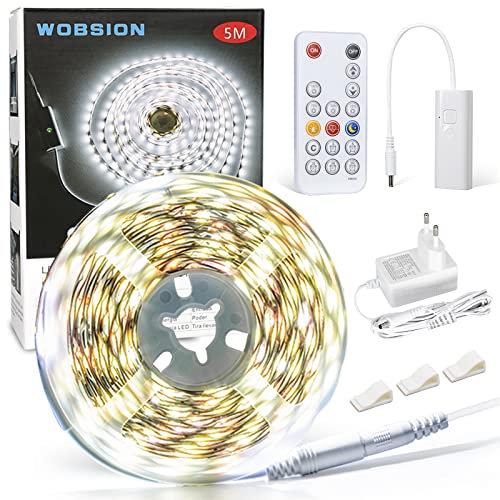 WOBSION Striscia LED Cucina 5 Metri Dimmerabile con RF Telecomando,Bianco Freddo Strisce Kit 6000K per Festa,la Casa,Bar,Letto,Camera e Armadio,12V Alimentatore Luminoso Luci da 300 LEDs