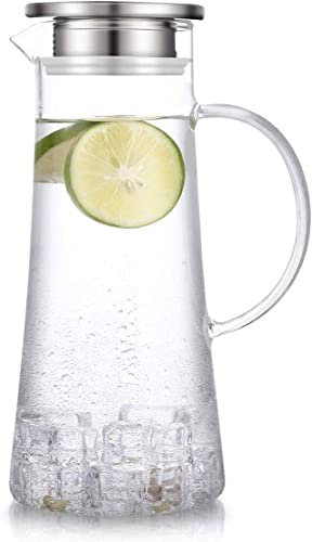 HwaGui Caraffa in vetro con coperchio in acciaio inossidabile, brocca d'acqua per tè freddo e succo di frutta 1500ml