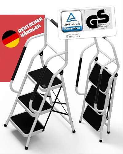 Sicherheitsleiter 3 Stufen Klappbar I TÜV Rheinland Zertifiziert I Belastbar bis 150kg I Anti-Rutsch-Füße und Trittstufen I Trittleiter mit Handlauf I Sicherheitsleiter für Senioren I Weiß