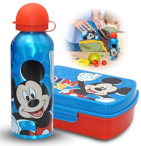 Juego de 2 botellas de verano de Mickey Mouse, con fiambrera para sándwich, a prueba de fugas, apto para lavavajillas, sin BPA, ideal para deportes y bicicleta