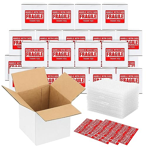 25Pack 5x5x5 Shipping Boxes for Small Business,White Mailing Boxes with Bubble Bags & Fragile Stickers for Mailing and Packing Small Gifts,Candle 5x5 Shipping boxes,Mug boxes for Shipping