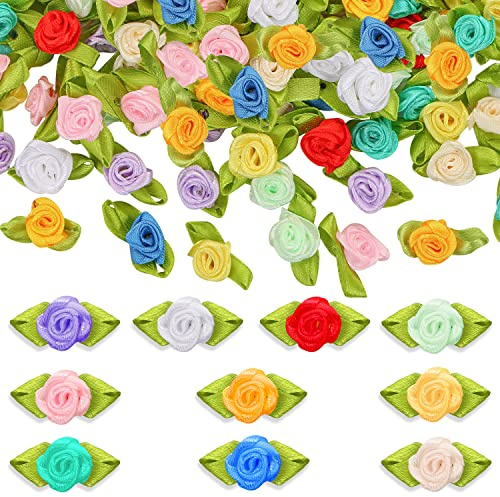 UHOMENY 200 Stück Mini-Bandrosen zum Basteln, künstliche Stoffblumen zum Nähen, Blumen, künstliche Rosetten, Applikation, Großpackung für DIY, Hochzeit, Party, Dekoration, 10 Farben, winziges
