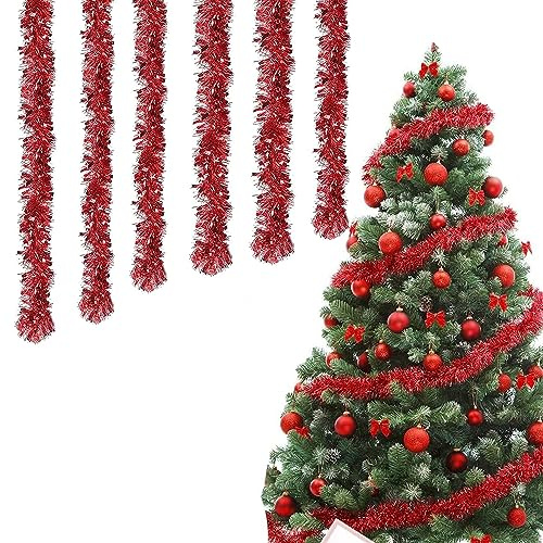 12M Weihnachten Lametta Girlande, Metallische Lametta Girlanden, Weihnachtsschmuck, Weihnachtsbaum Hängende Dekorationen Für Weihnachten, für Weihnachten Party Indoor und Outdoor Dekoration(Rot)