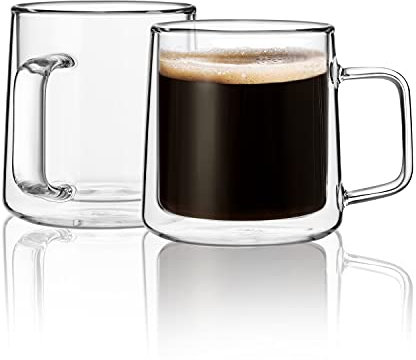 CNGLASS Glass Coffee Mugs 300ml,Double Wall Insulated Glass Mugs with Handle,Clear Espresso Mugs for Latte,Cappuccino,Tea Bag,Set of 2