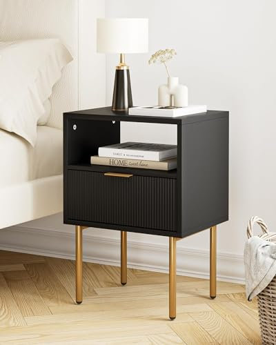 HEYZOEY Mesita de Noche, Gabinete de Noche con 1 Estante Abierto y 1 cajón, mesita de Noche Moderna, Estilo Bohemio, para Dormitorio, salón, Negro