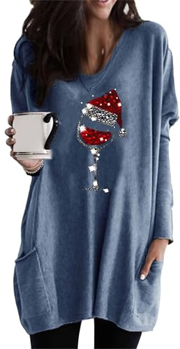 EFOFEI Women Easter Long Sleeve Shirt Autumn Loose Wrap T-Shirt Blouses Versatile Comfortable Undershirt Wine Glass Blue 3XL