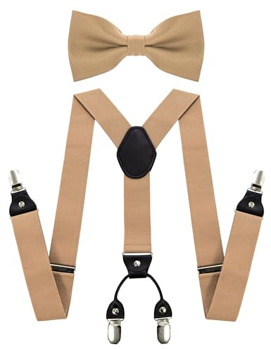 JEMYGINS Herren Hosenträger mit Vier Clips und Elastischem Rückenband inklusive Fliege Set,Champagner Gold