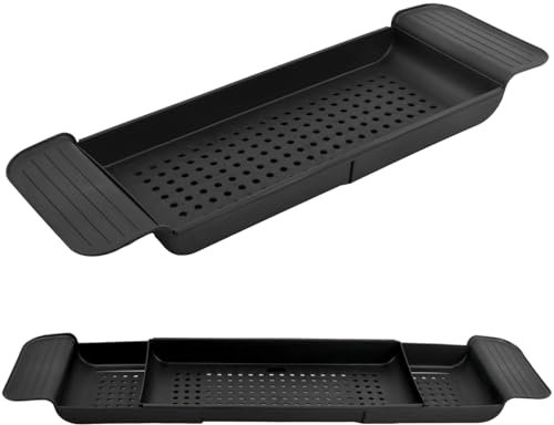 Vassoio per vasca da bagno con design di scarico, in plastica espandibile, per bicchieri da vino, tablet, aromaterapia, pettini, candele, prodotti da bagno (Nero)