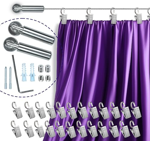 UrbanRed 16.4 FT (5m) Adjustable Indoor Outdoor Wire Curtain Rod Room Divider Hanging System with 24 Clips Wire Hanging System, Clothesline Clothes Hanger Kids Craft Art Decoration on Walls