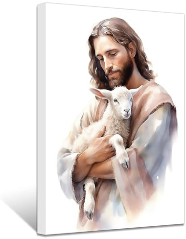 ZXHYWYM Jesus Poster Jesus und Lamm Bilder Gott Hirte Porträt Leinwanddrucke Christliches spirituelles Bild für Gebetszimmer Esszimmer Wanddekoration (Bild-1, (30.00 x 45.00 cms))