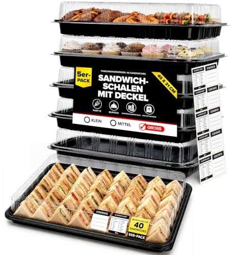 ebake 25er-Set Serviertabletts – 39 x 29 x 7,5 cm Servierplatte mit Deckel für buffet Zubehör Partys und Catering, Einweg Inklusive Sticker-Etiketten