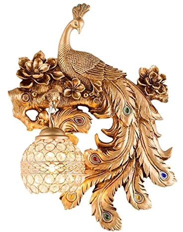 Wandleuchten Peacock Model Wandleuchte, Kristall-Pfau-Wandleuchte im europäischen Stil, Retro-mehrfarbige handbemalte Pfau-Wandlampe für Wohnzimmer/Schlafzimmer, Büro, Veranda-Dekor(Gold,Right side)