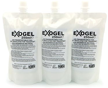 Exogel Camping Stove Gel Fuel. Versatile, odourless fuel with high energy density. Non-hazmat and air-transportable, ideal for hiking, travel and home emergencies. UK-Made. (3x 250ml)